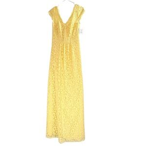 NWT David's Bridal 6 Canary Yellow Lace Maxi Dress V Neck Cap Formal Gown (flaw)